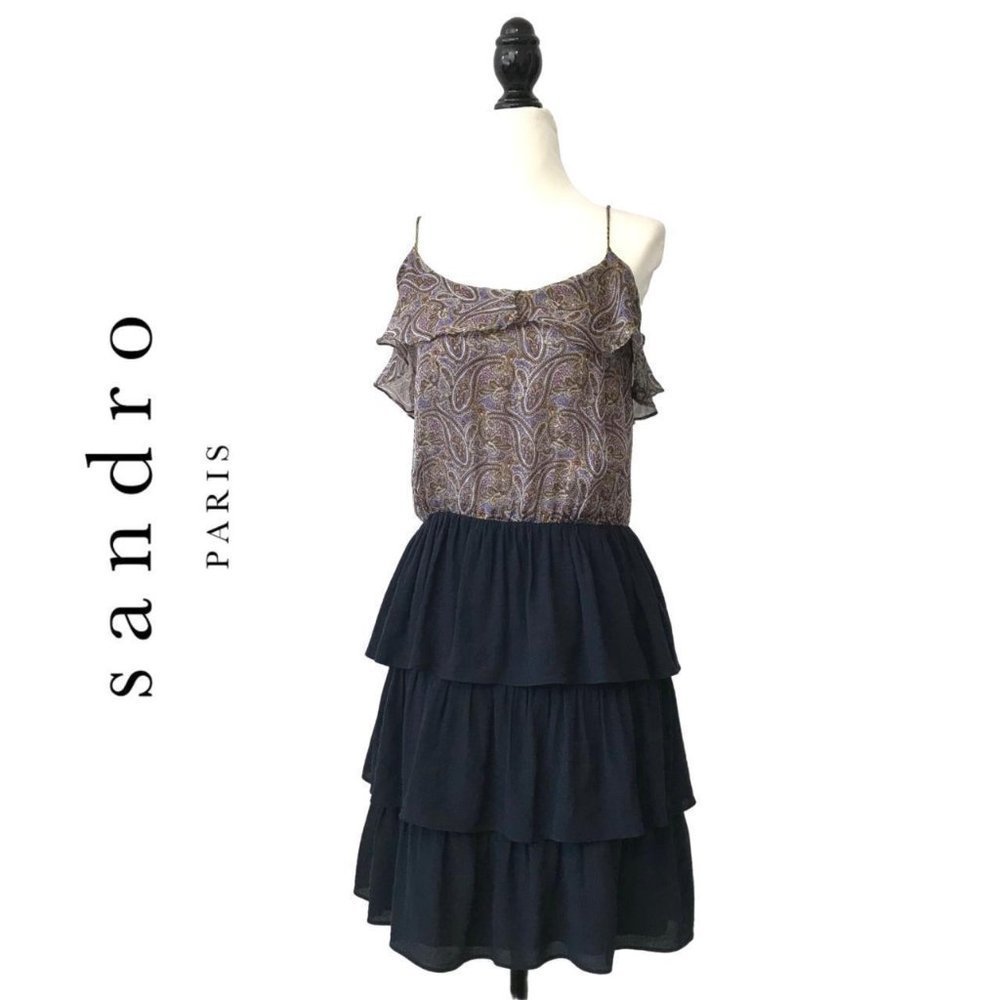 SANDRO Paris frill dress with paisley chiffon top contrasting frill skirt ~s8 XS - Picture 1 of 4